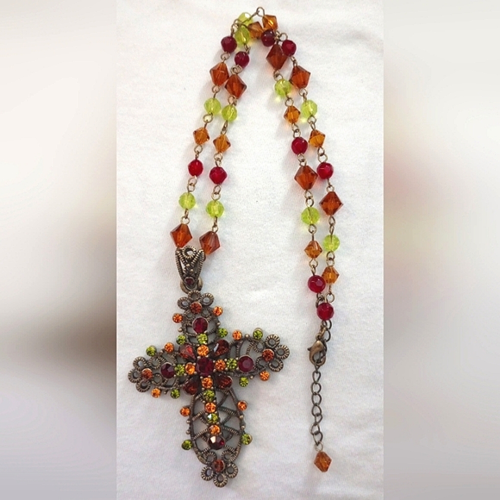 L@@K! Beautiful Colorful Metal Cross Necklace w/ Gems & Beads